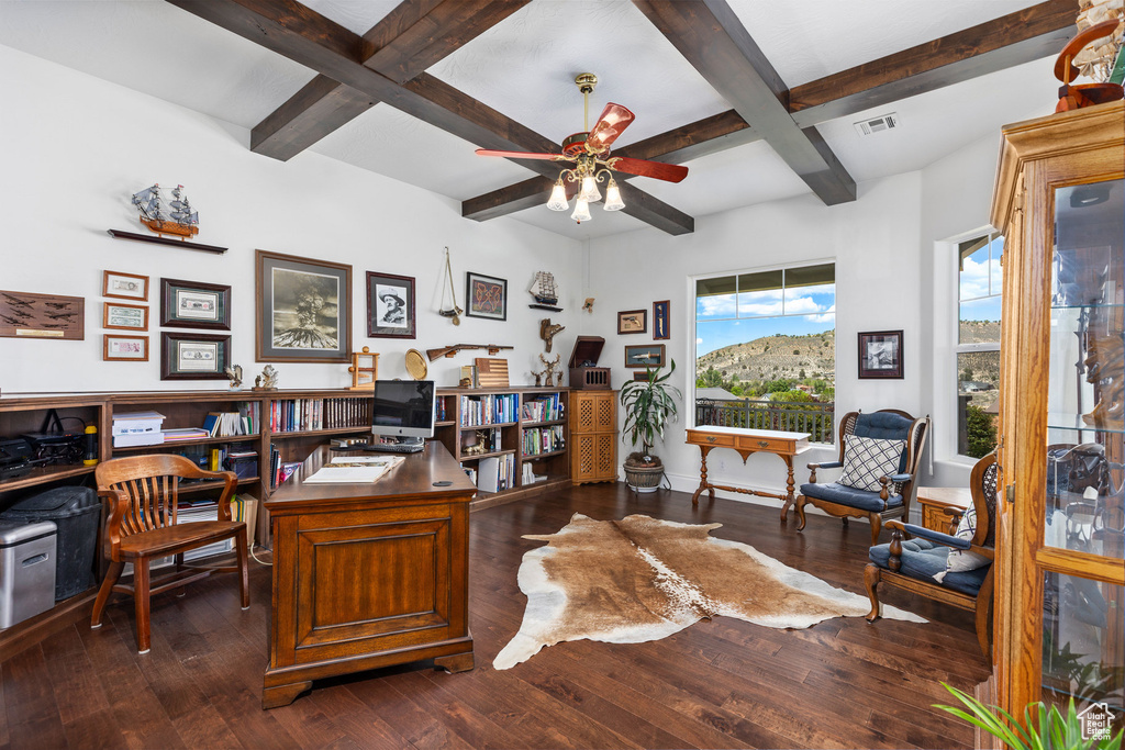 Office space with ceiling fan, beam ceiling, dark wood-type flooring, and coffered ceiling