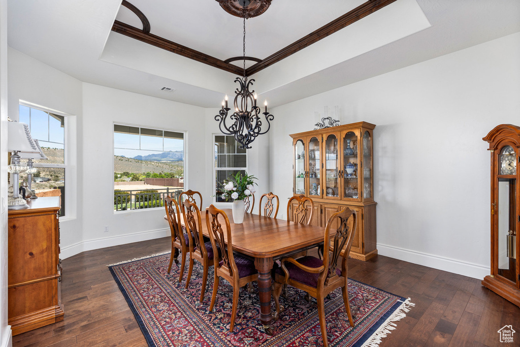 Dining room with a tray ceiling, crown molding, a chandelier, hardwood / wood-style flooring, and baseboards