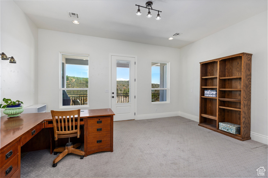 Office space featuring light colored carpet and baseboards