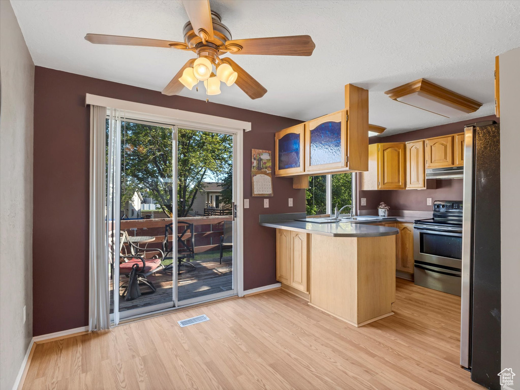 Kitchen featuring a peninsula, stainless steel appliances, under cabinet range hood, light wood-style floors, and baseboards