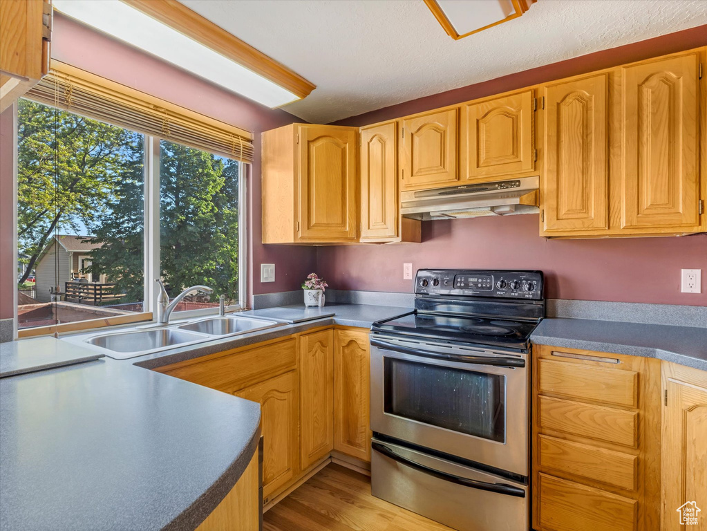 Kitchen with stainless steel range with electric stovetop, under cabinet range hood, a sink, and light wood-type flooring