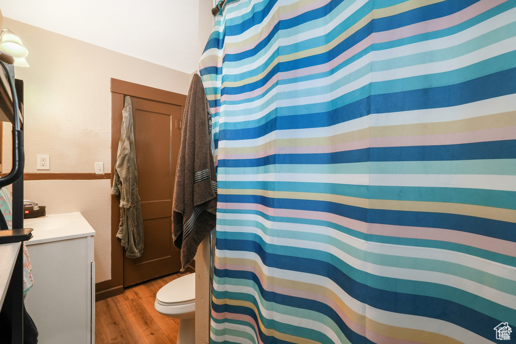Full bathroom with toilet, a shower with curtain, wood finished floors, and vanity
