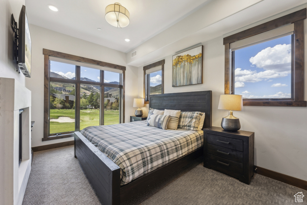 Bedroom with carpet flooring, baseboards, and recessed lighting