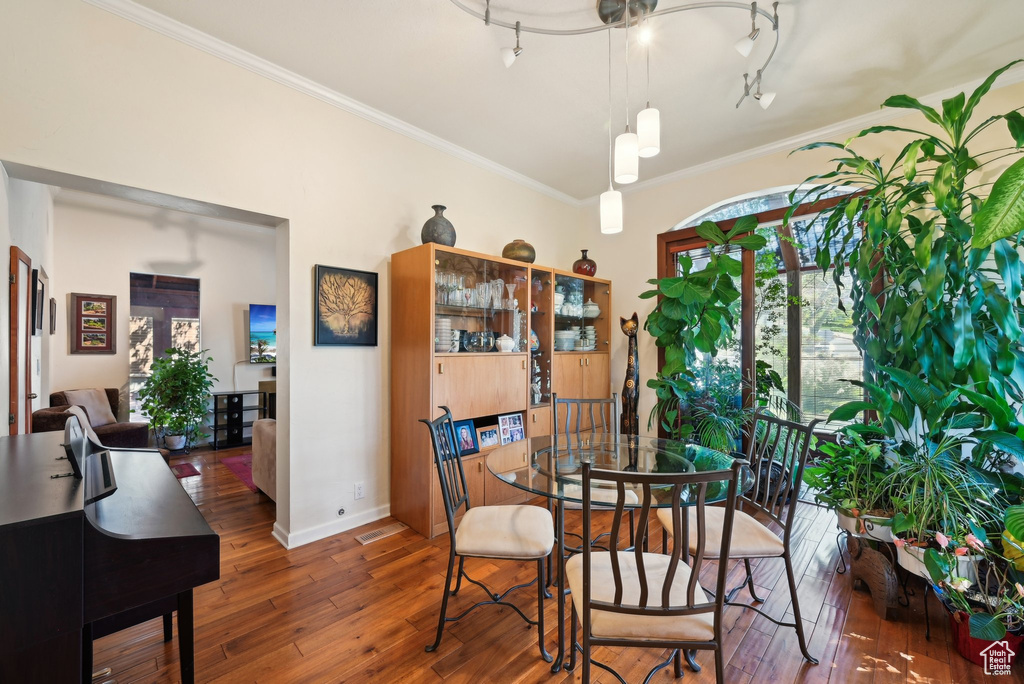 Dining space with wood-type flooring, crown molding, baseboards, and track lighting