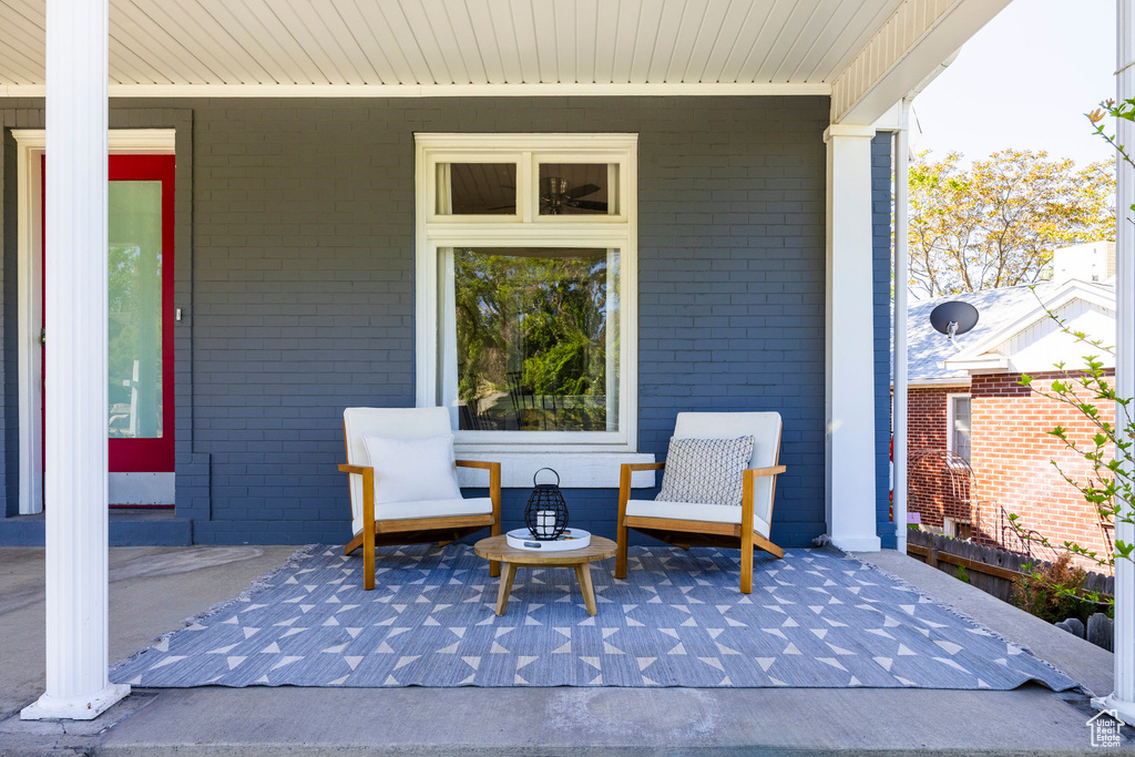 View of patio featuring covered porch