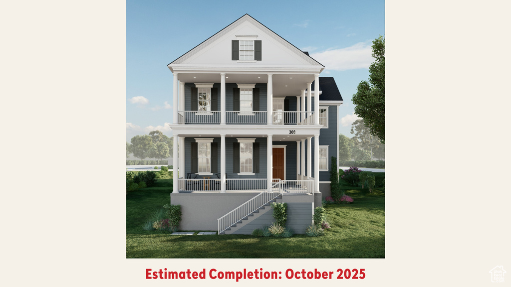 View of front facade featuring a balcony, a porch, a front lawn, and stairway
