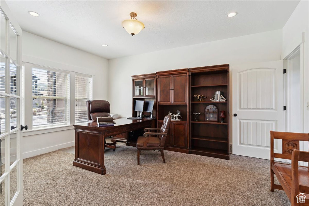 Office area with light colored carpet, recessed lighting, and baseboards