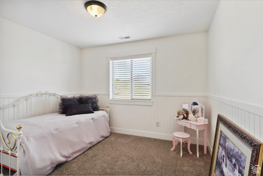 Bedroom featuring a wainscoted wall, carpet floors, and a textured ceiling