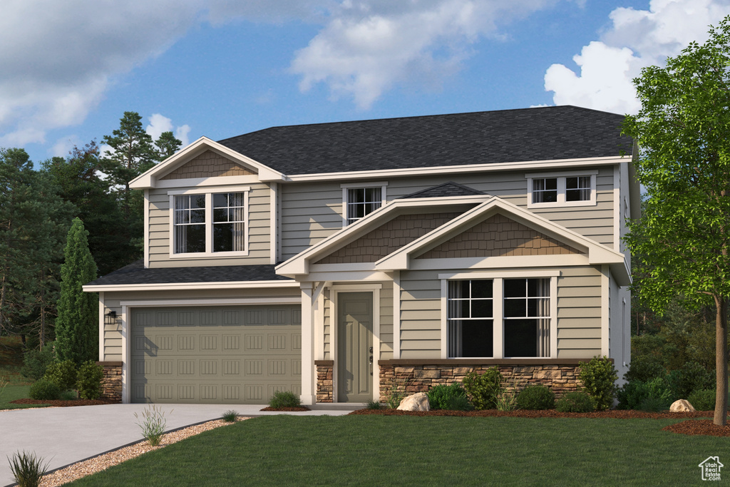 Craftsman inspired home featuring stone siding, driveway, an attached garage, and a front yard