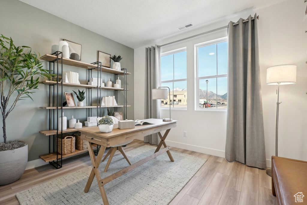 Home office with light wood-type flooring and baseboards