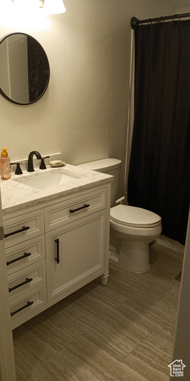 Full bathroom with toilet, vanity, and a shower with curtain
