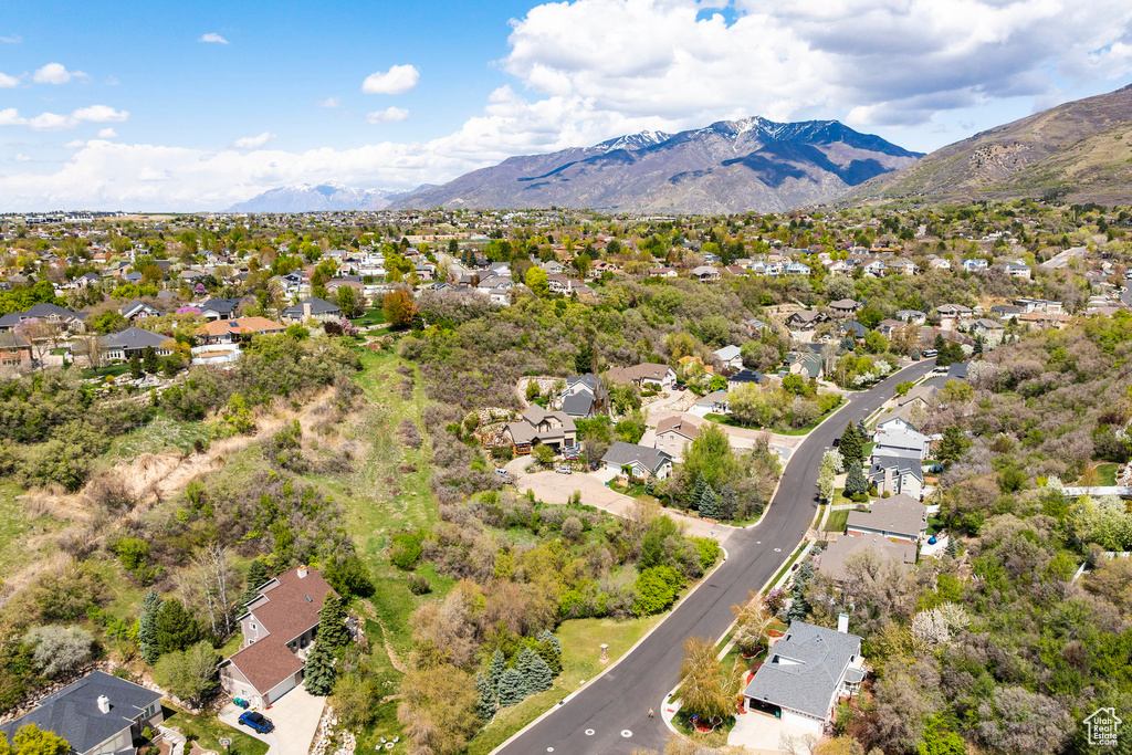 Aerial view of residential area with a mountain backdrop