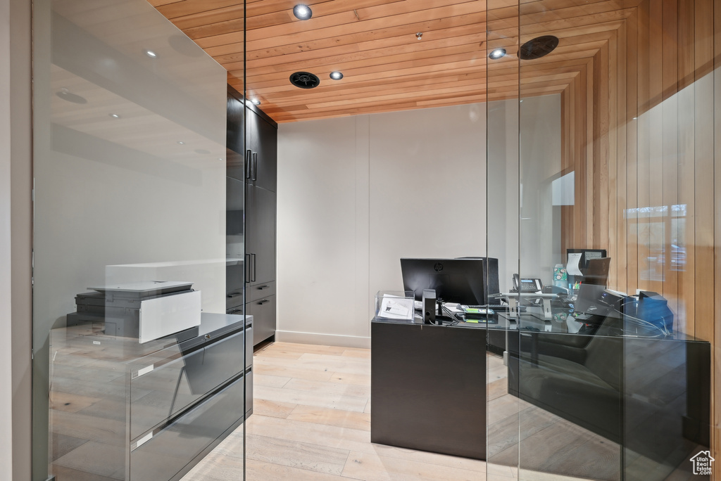 Office area featuring wooden ceiling, recessed lighting, and light wood-style floors