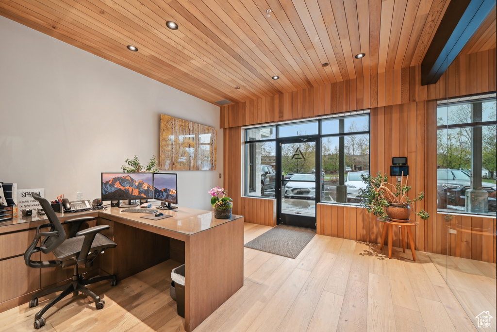 Office with wooden ceiling, recessed lighting, and hardwood / wood-style floors