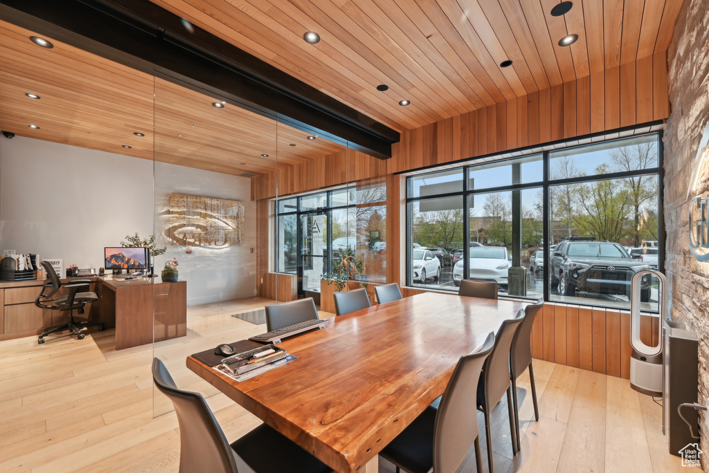 Dining room with a desk, light wood finished floors, wooden ceiling, plenty of natural light, and beam ceiling