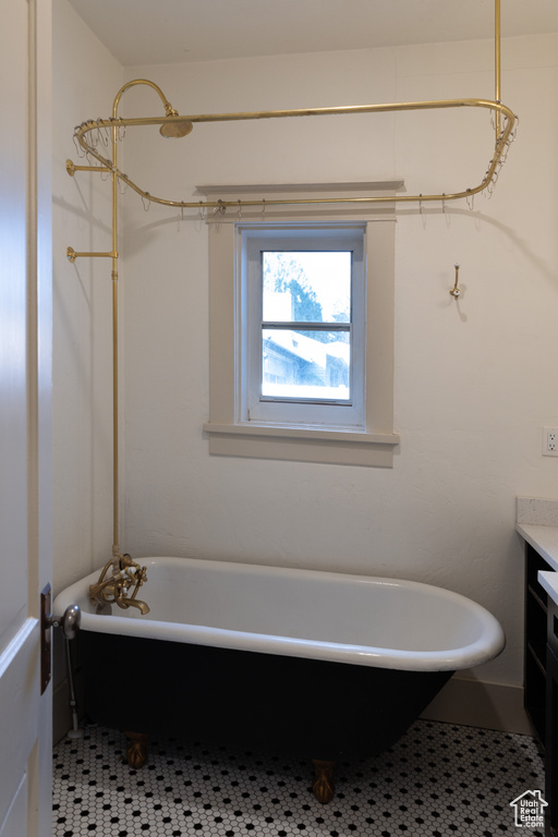 Full bathroom featuring vanity and a freestanding bath