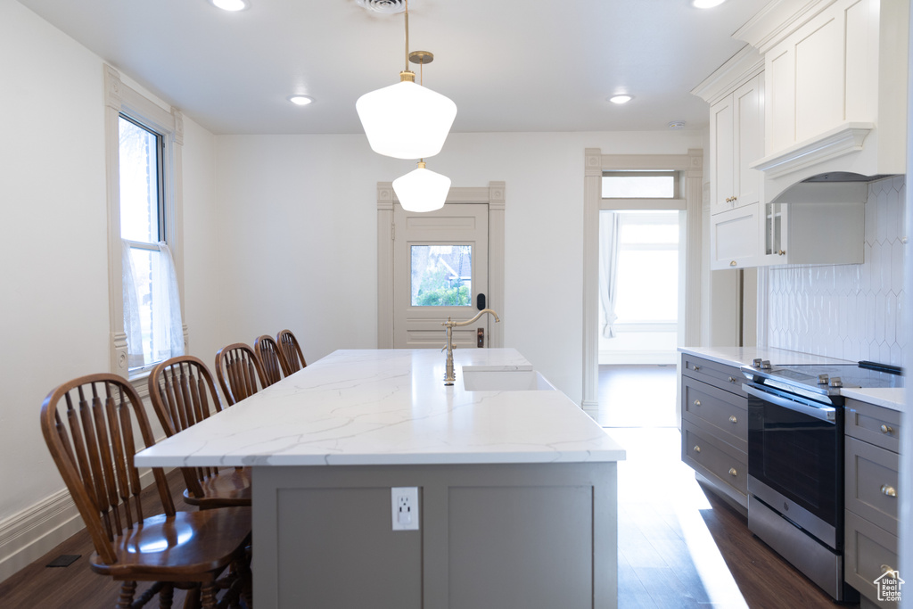 Kitchen with electric range, a sink, gray cabinetry, dark wood finished floors, and recessed lighting