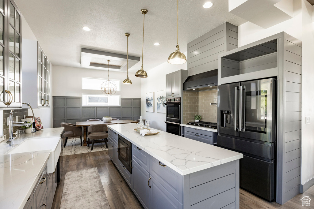 Kitchen with appliances with stainless steel finishes, gray cabinets, a raised ceiling, dark wood-style flooring, and recessed lighting