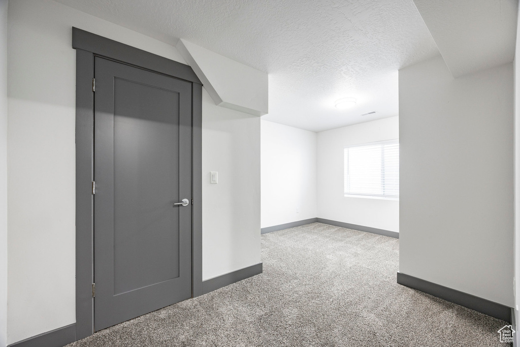 Additional living space featuring carpet floors, baseboards, and a textured ceiling