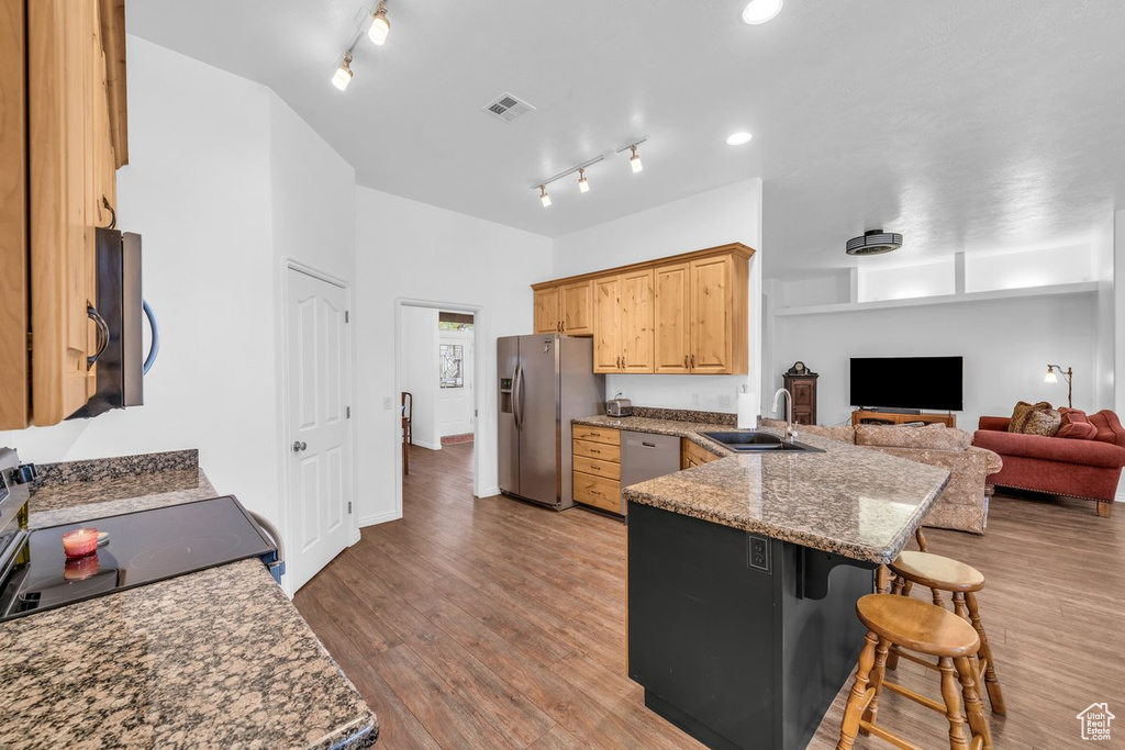 Kitchen with stainless steel appliances, a sink, a peninsula, a kitchen bar, and rail lighting
