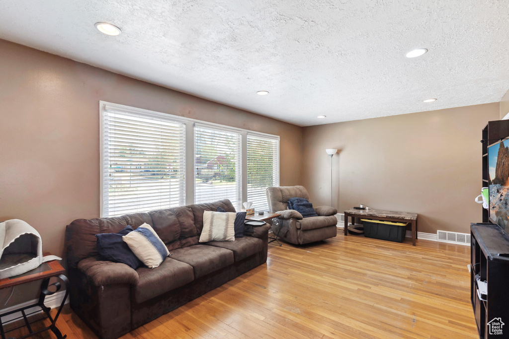 Living area featuring a textured ceiling, light wood finished floors, recessed lighting, and baseboards