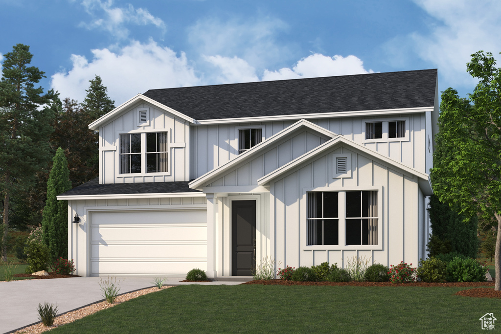 Modern farmhouse featuring concrete driveway, a garage, board and batten siding, a shingled roof, and a front lawn