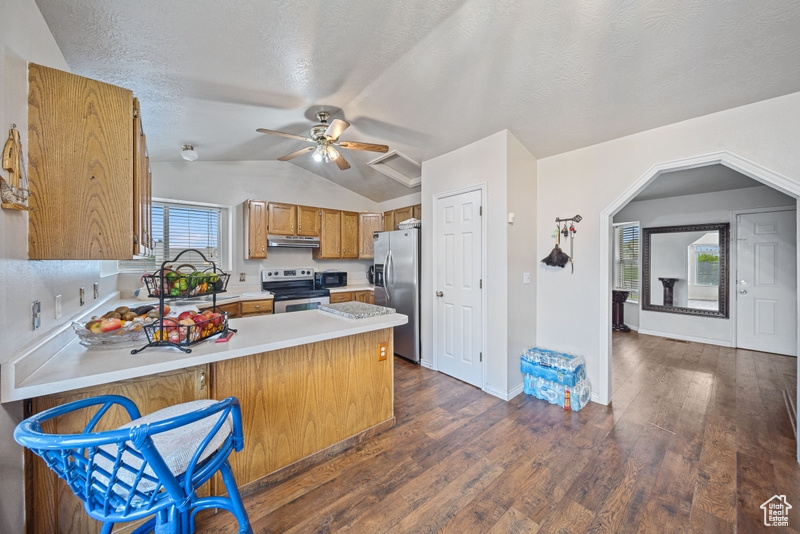 Kitchen with stainless steel appliances, lofted ceiling, light countertops, a peninsula, and under cabinet range hood