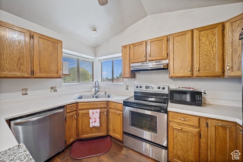 Kitchen featuring appliances with stainless steel finishes, a sink, under cabinet range hood, vaulted ceiling, and dark wood-style flooring