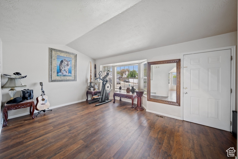 Entrance foyer featuring dark wood finished floors, a textured ceiling, baseboards, and vaulted ceiling