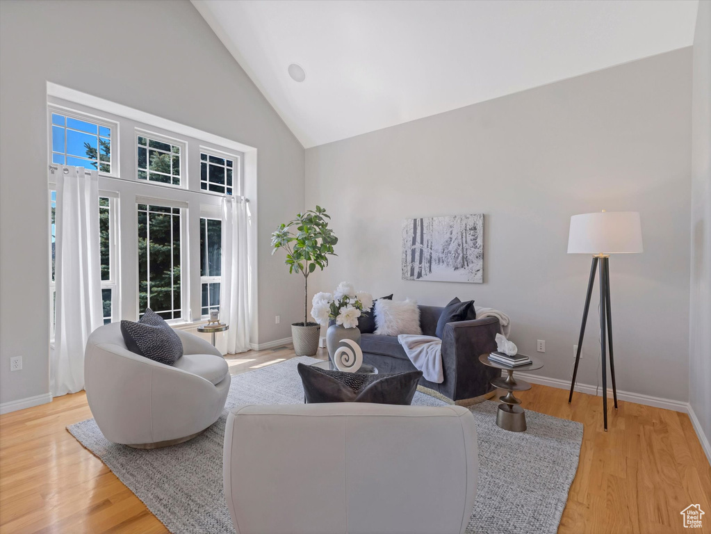 Living area with high vaulted ceiling, baseboards, and wood finished floors