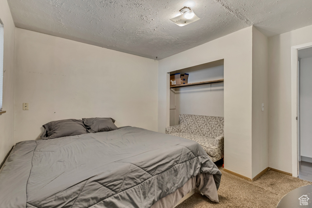 Bedroom with carpet floors, a textured ceiling, and baseboards