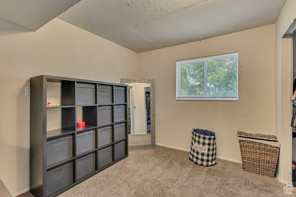 Interior space featuring carpet flooring and baseboards