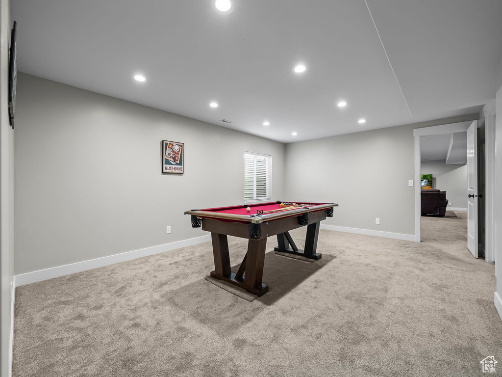 Game room featuring billiards table, light carpet, recessed lighting, and baseboards