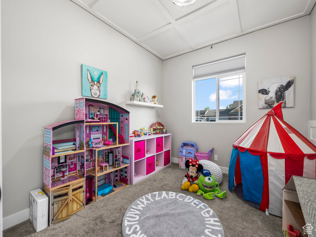 Recreation room featuring carpet, baseboards, and coffered ceiling