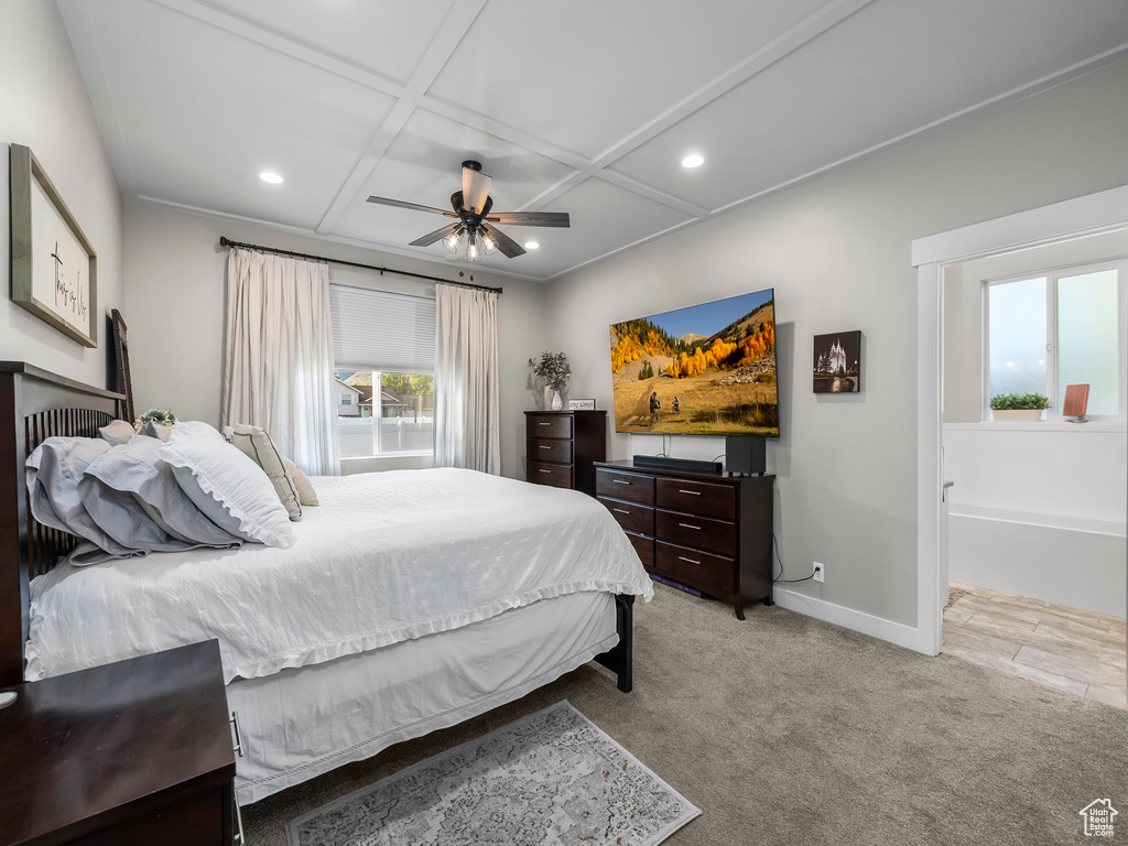 Bedroom with coffered ceiling, baseboards, light colored carpet, ceiling fan, and recessed lighting