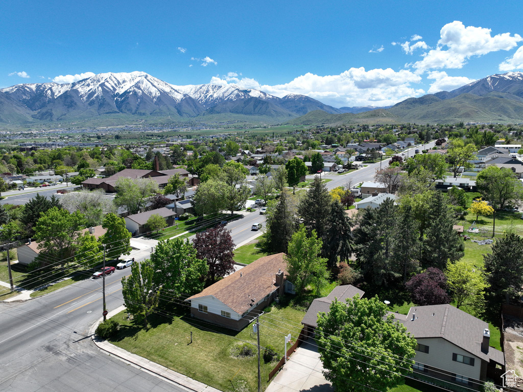 Aerial view of residential area with mountains