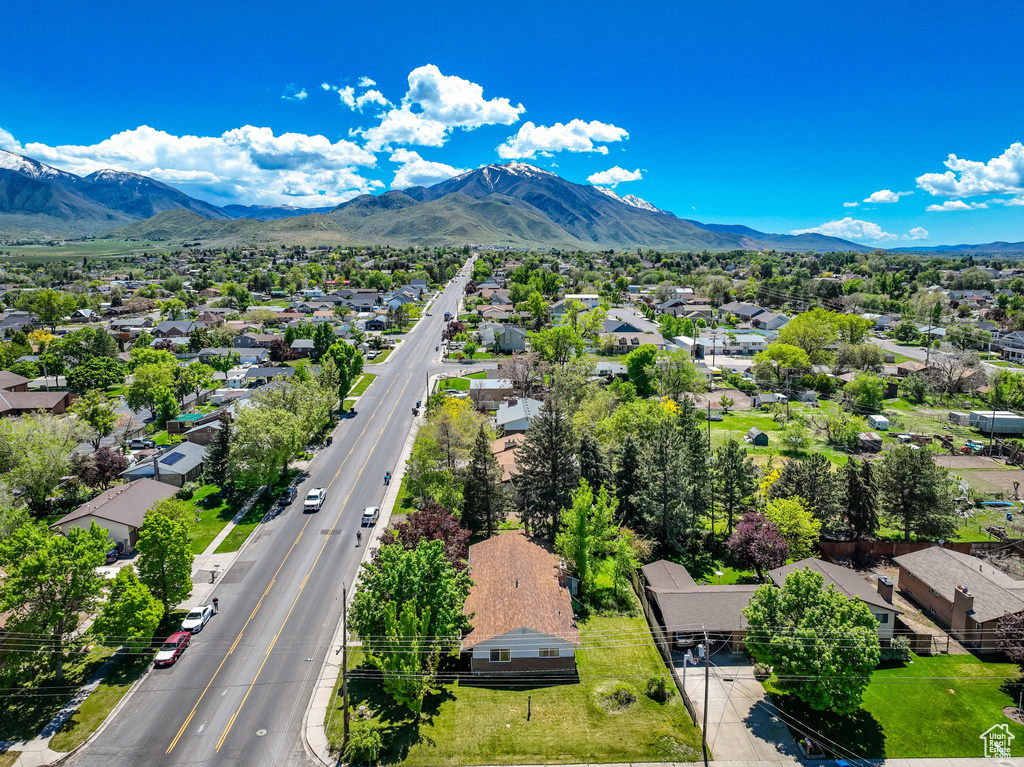 Aerial view of residential area with mountains