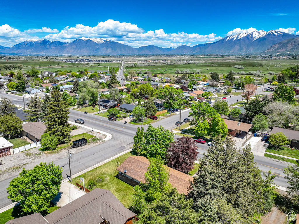 Aerial perspective of suburban area featuring mountains