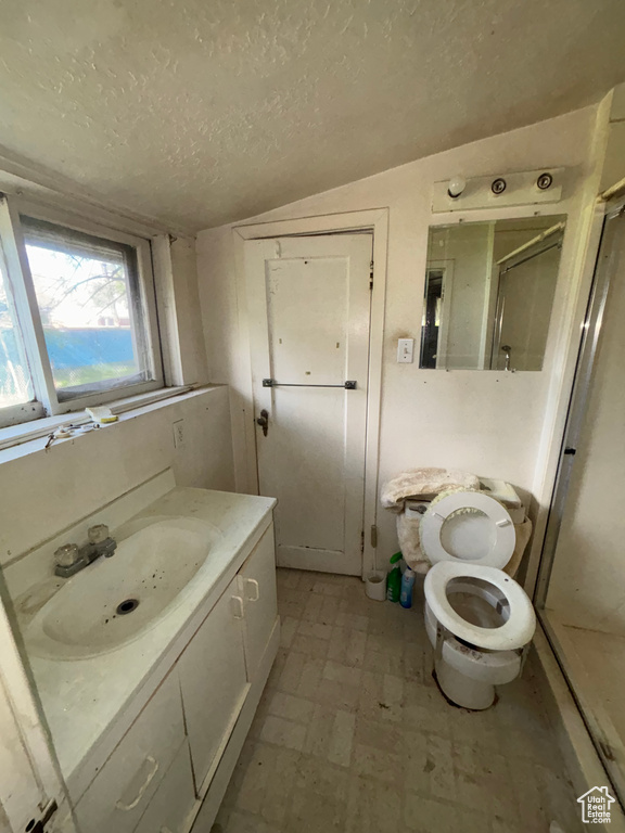 Full bathroom featuring a textured ceiling, a stall shower, vanity, tile patterned floors, and lofted ceiling