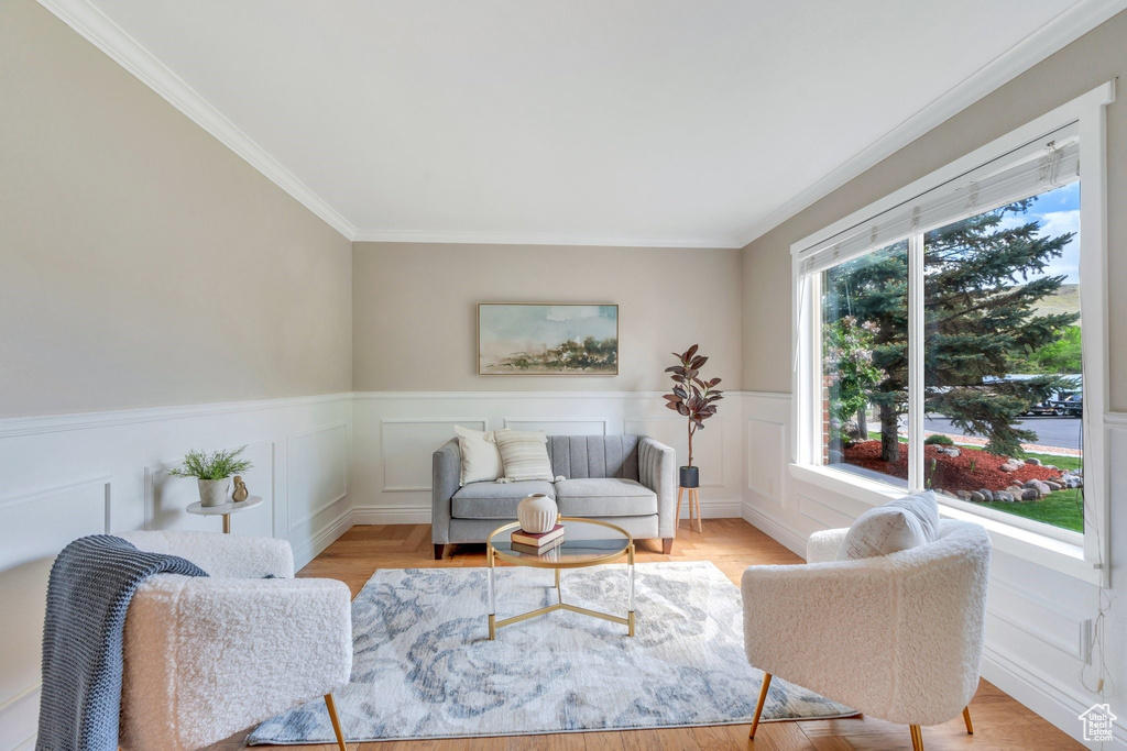 Living room with crown molding, wainscoting, and a decorative wall