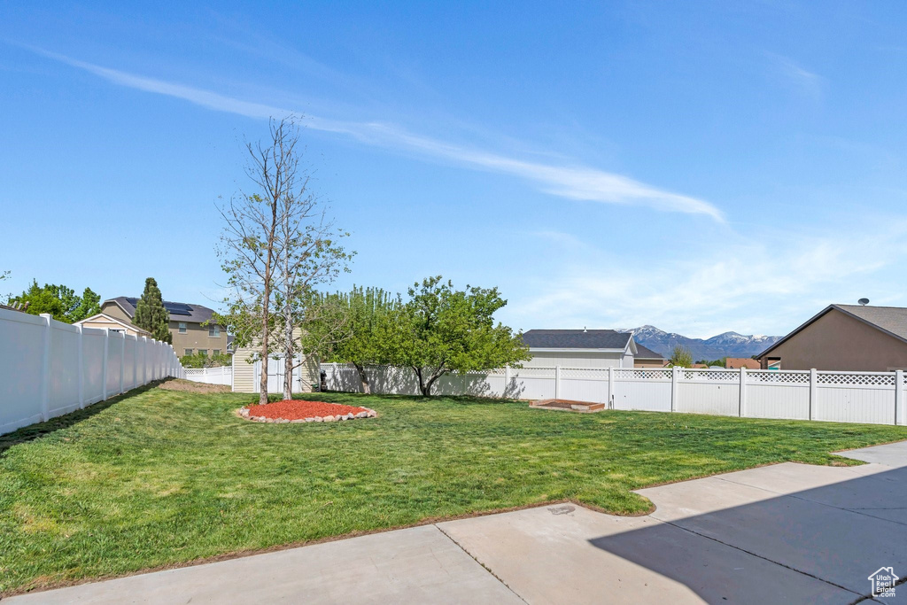 View of yard with a patio, a mountain view, an outdoor structure, and a storage shed