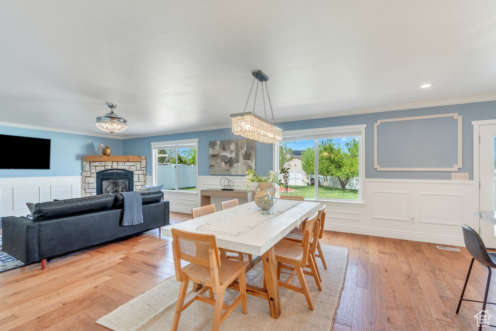 Dining room featuring crown molding, a fireplace, a decorative wall, a wainscoted wall, and wood finished floors