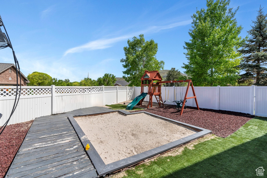 View of play area with a fenced backyard