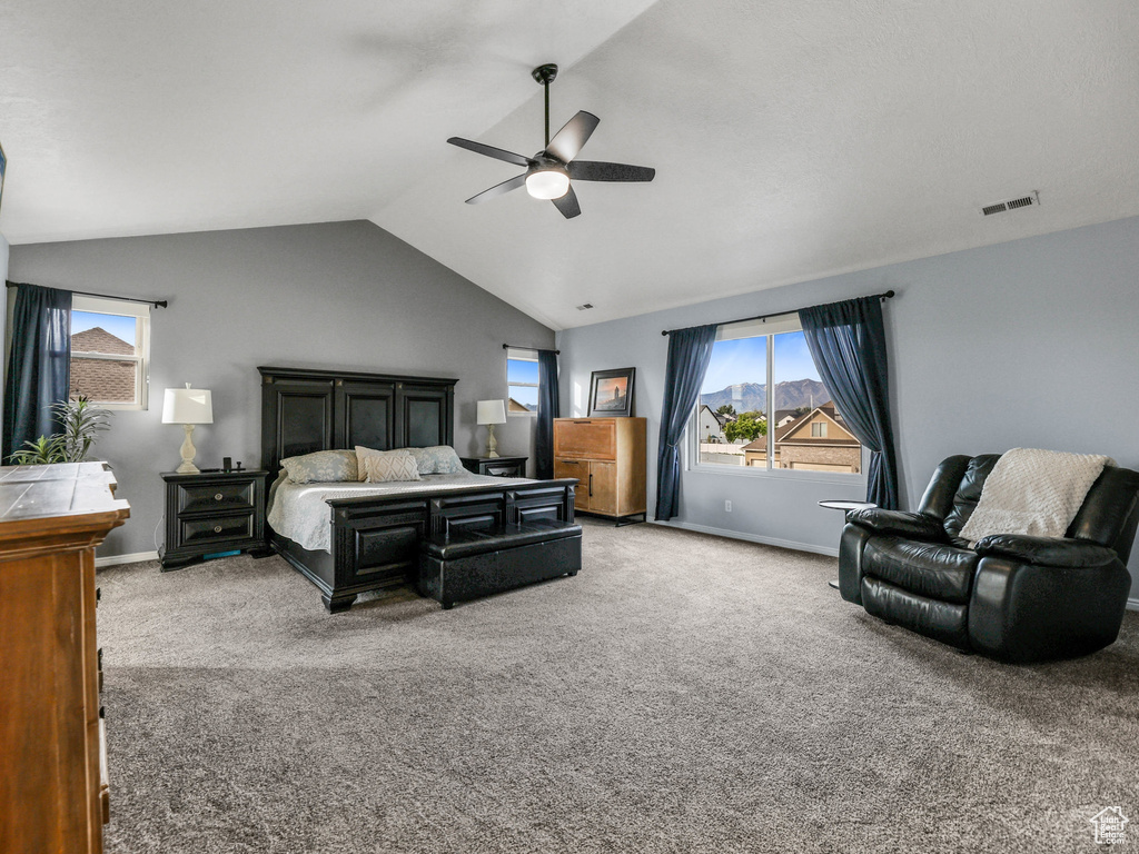 Bedroom featuring carpet floors, multiple windows, vaulted ceiling, and baseboards