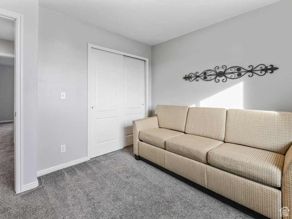 Living area featuring carpet floors and baseboards