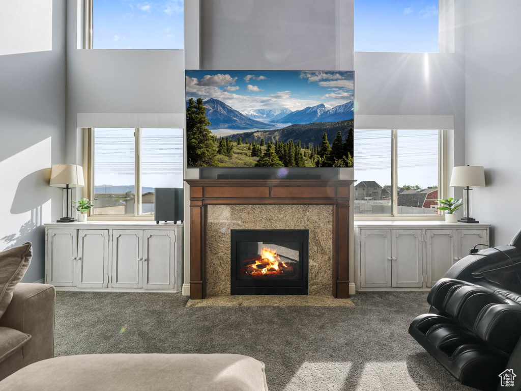 Living room featuring carpet and a high end fireplace