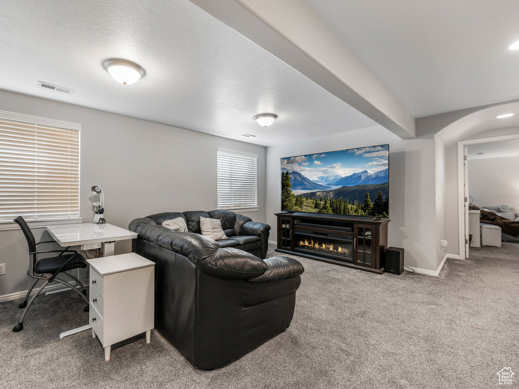 Carpeted living room featuring baseboards and a glass covered fireplace