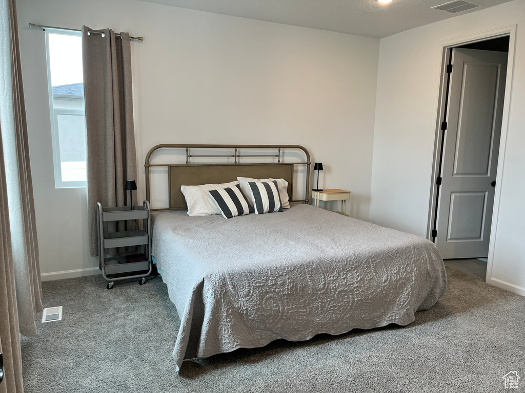 Carpeted bedroom with multiple windows and baseboards