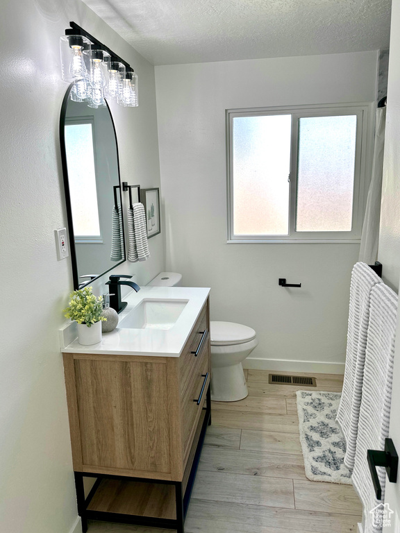 Full bathroom featuring vanity, toilet, wood finished floors, baseboards, and a textured ceiling