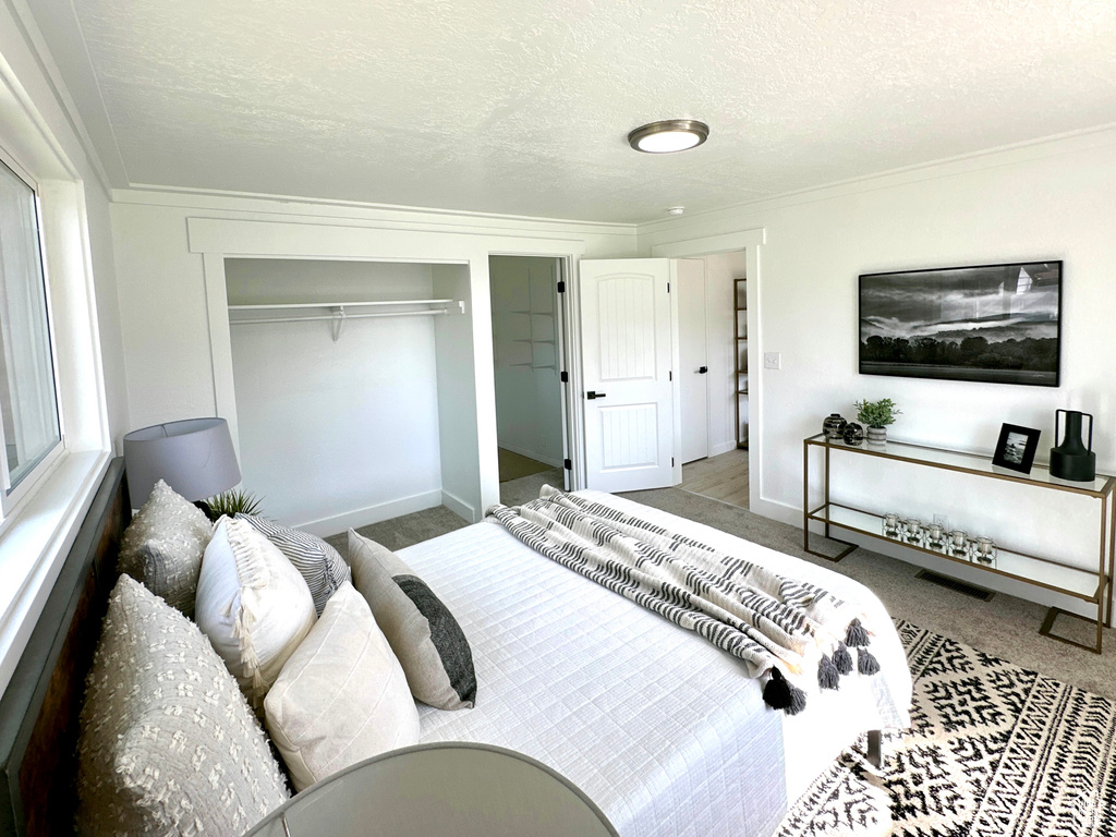 Bedroom with carpet floors, a textured ceiling, a closet, ornamental molding, and baseboards